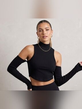 Black Ribbed Mock Neck Crop Top with Detachable Sleeves